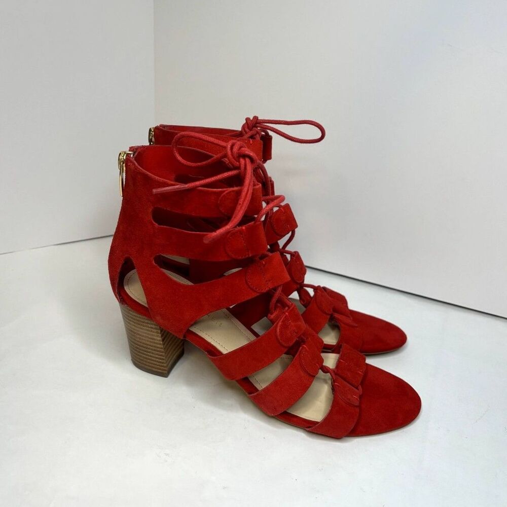 Marc Fisher Red Leather Suede Strappy Lace Heeled Sandals Zip Womens Designer